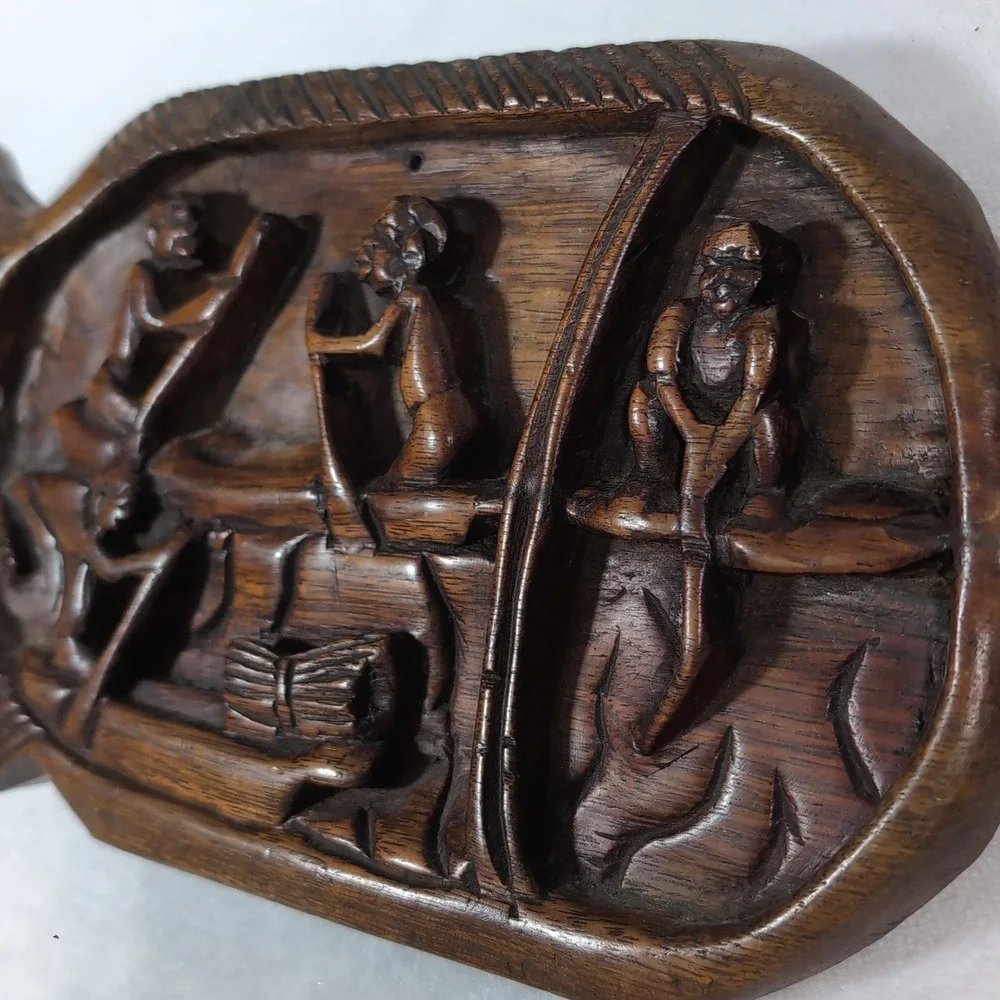 Hand Carved Wood Fishing Scene Wall Art – Primitive Tribal Relief Plaque – Boho